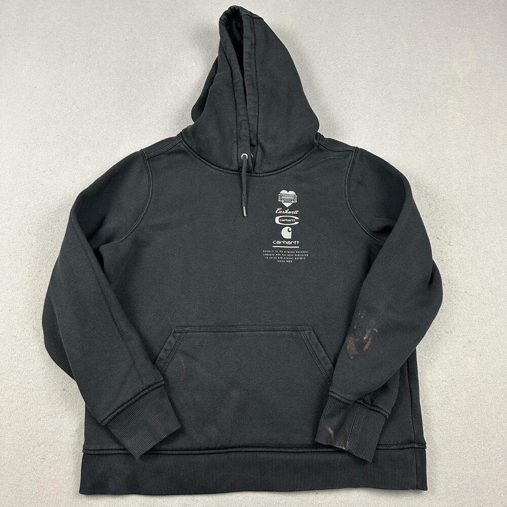 Carhartt Pullover Women L Black Hooded Graphic Pocket Fleece Relaxed L *